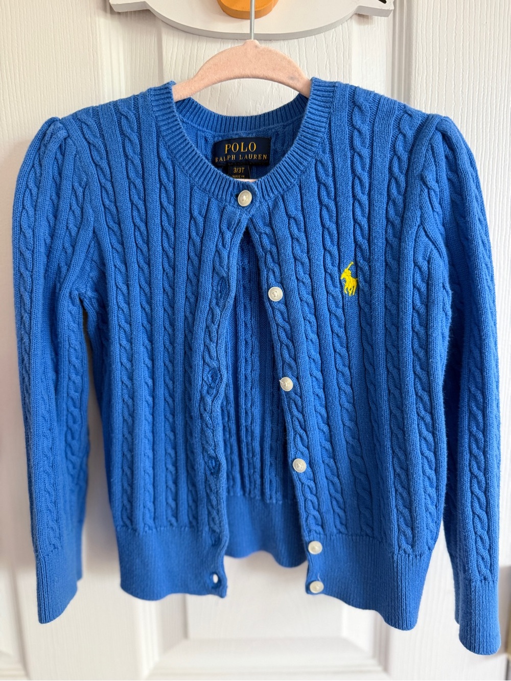 Polo by Ralph Lauren Bright Blue Cable Knit toddler 3T Cardigan with Yellow Logo